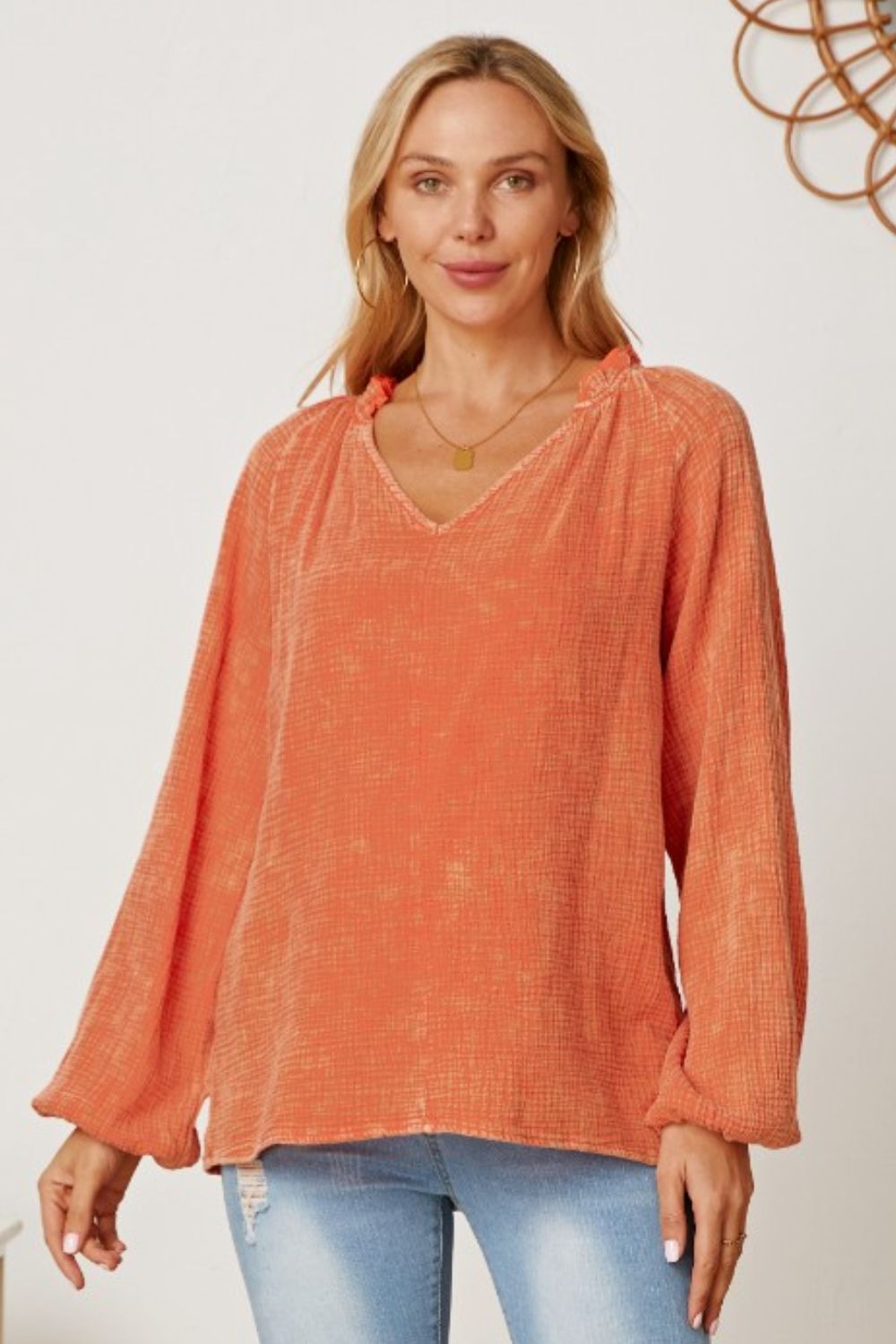 Frill V-Neck Balloon Sleeve Blouse - Orange / S - Women’s Clothing & Accessories - Shirts & Tops - 1 - 2024