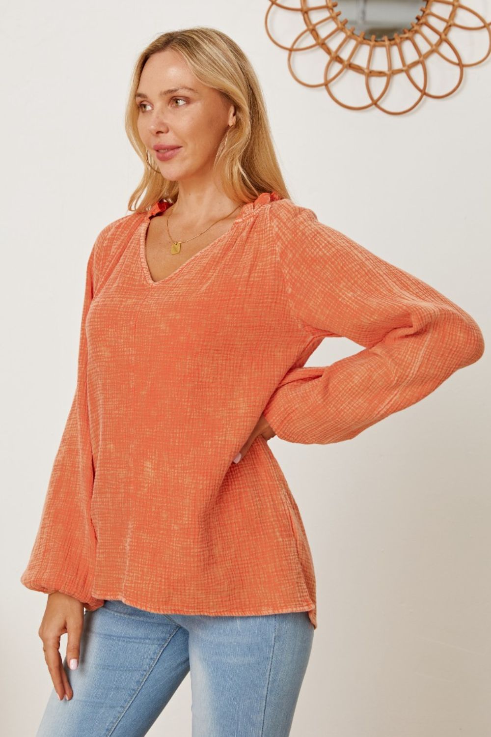 Frill V-Neck Balloon Sleeve Blouse - Women’s Clothing & Accessories - Shirts & Tops - 2 - 2024