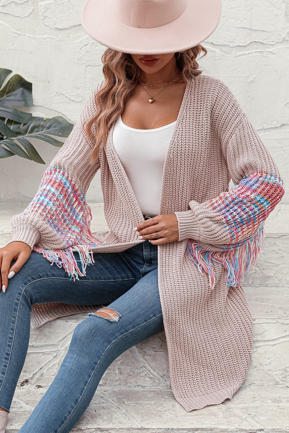 Fringe Sleeve Dropped Shoulder Cardigan - Women’s Clothing & Accessories - Shirts & Tops - 6 - 2024