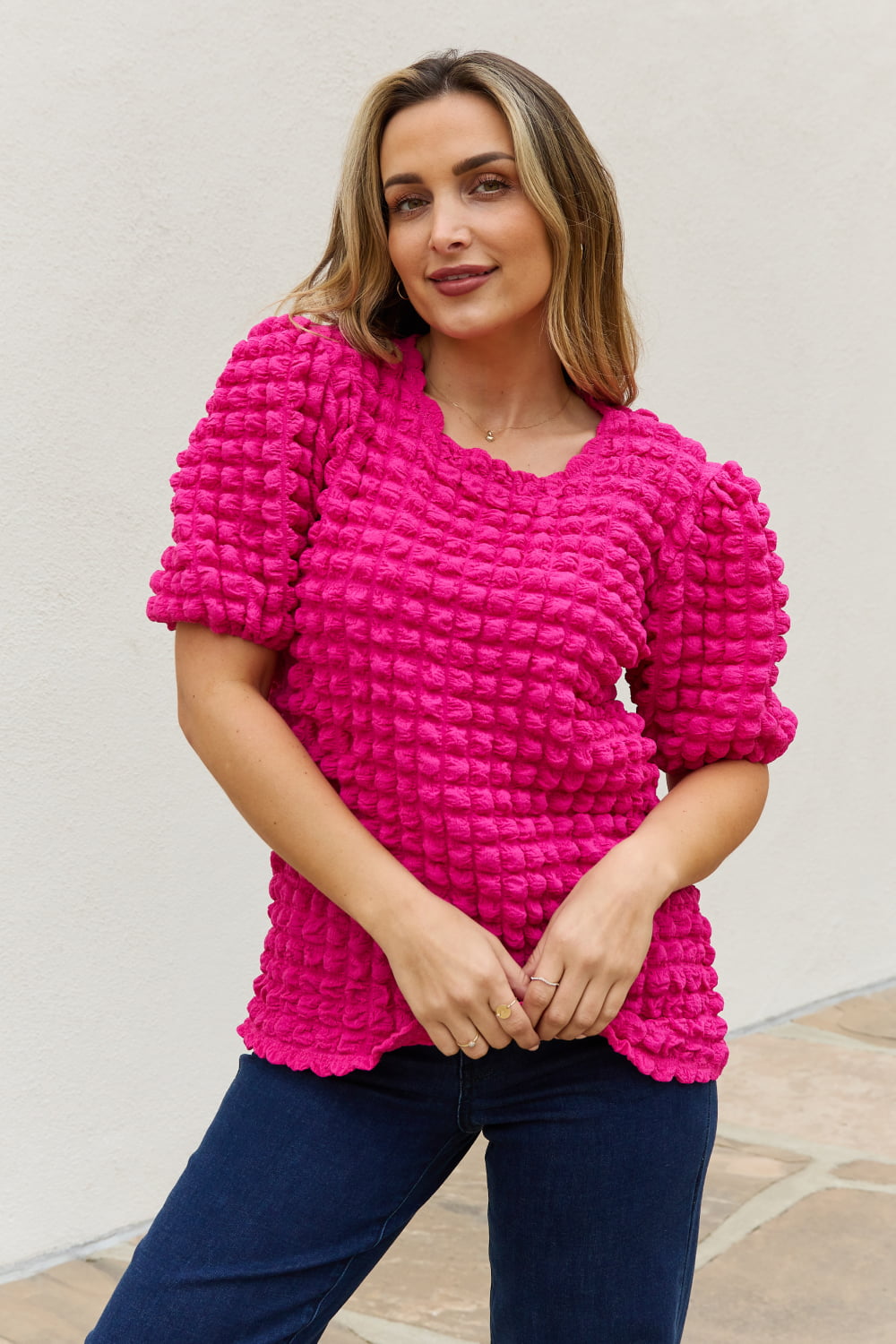 Full Size Bubble Textured Puff Sleeve Top - Pink / S - Women’s Clothing & Accessories - Shirts & Tops - 1 - 2024