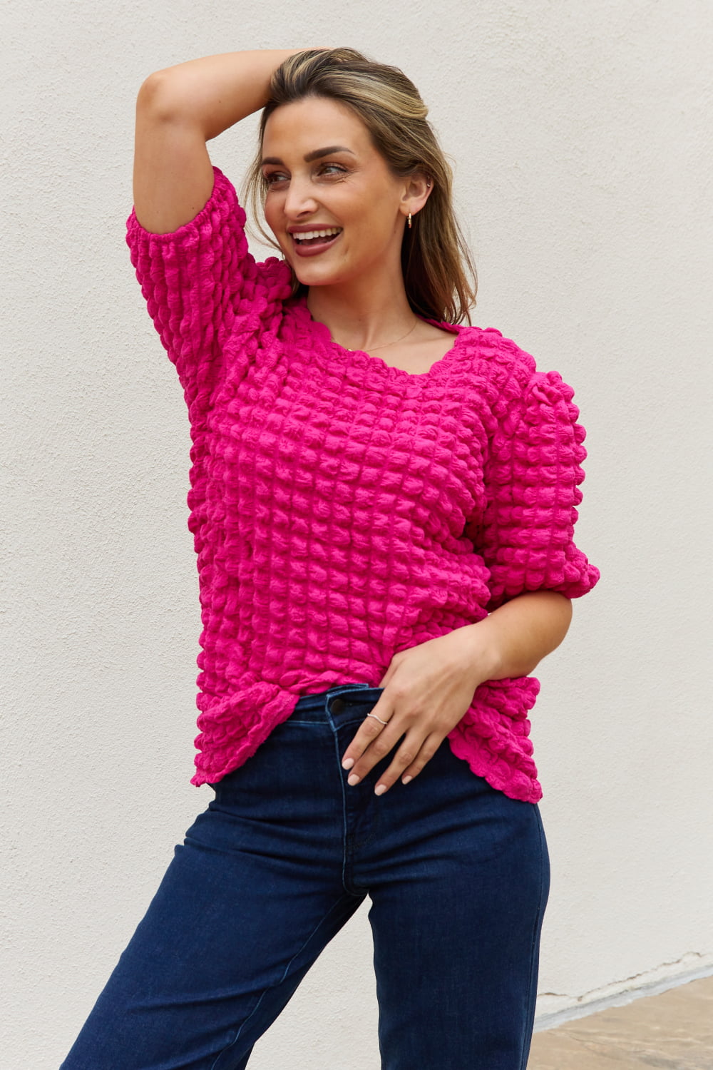 Full Size Bubble Textured Puff Sleeve Top - Women’s Clothing & Accessories - Shirts & Tops - 3 - 2024