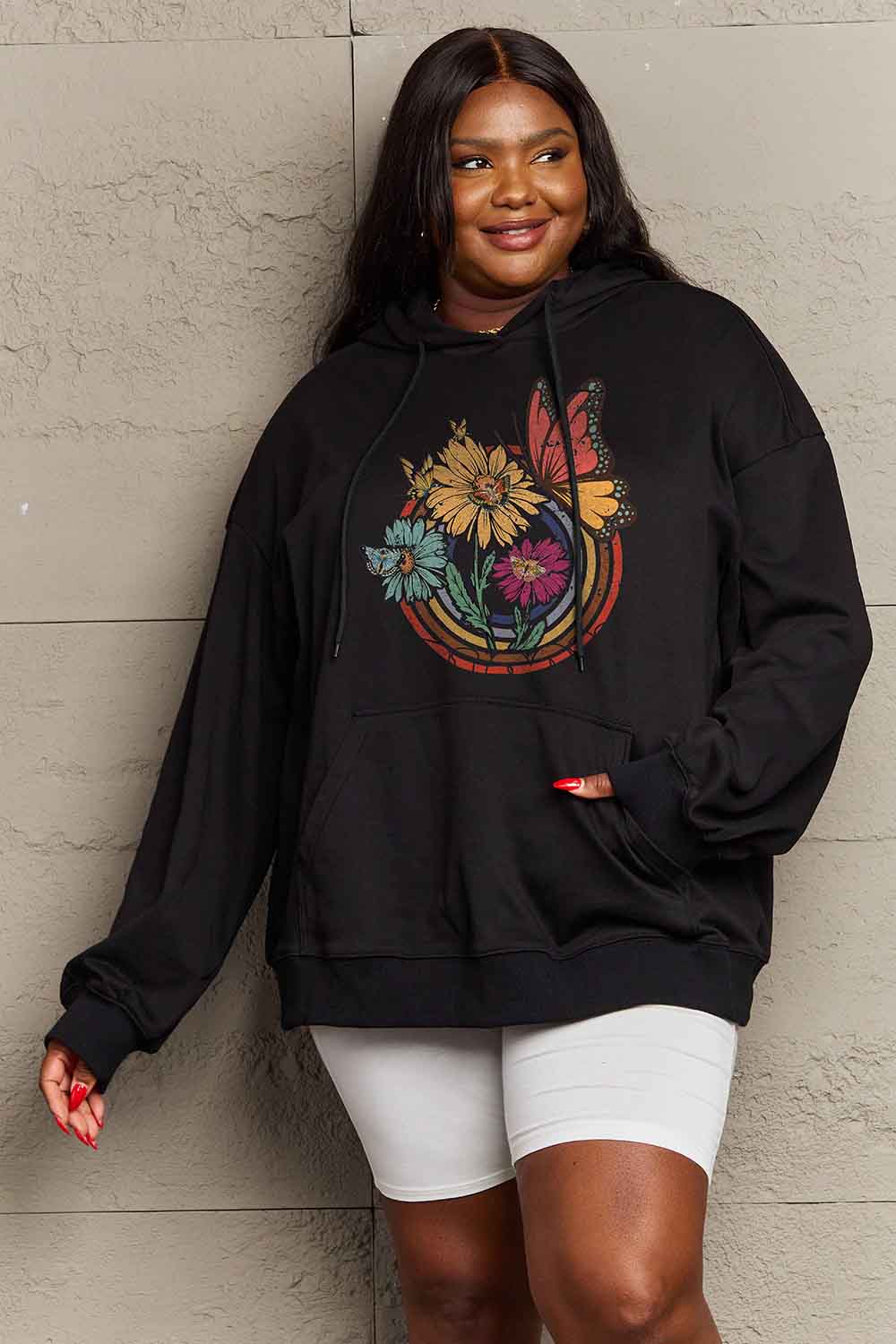 Full Size Butterfly and Flower Graphic Hoodie - Women’s Clothing & Accessories - Shirts & Tops - 4 - 2024