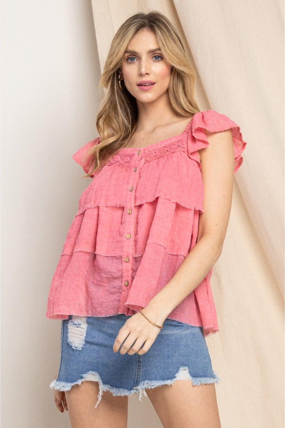 Full Size Buttoned Ruffled Top - Pink / S - Women’s Clothing & Accessories - Shirts & Tops - 1 - 2024