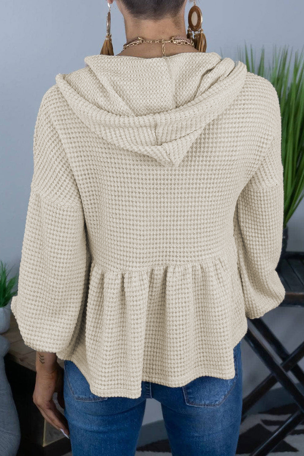 Full Size Buttoned Waffle-Knit Dropped Shoulder Hoodie - Women’s Clothing & Accessories - Shirts & Tops - 2 - 2024