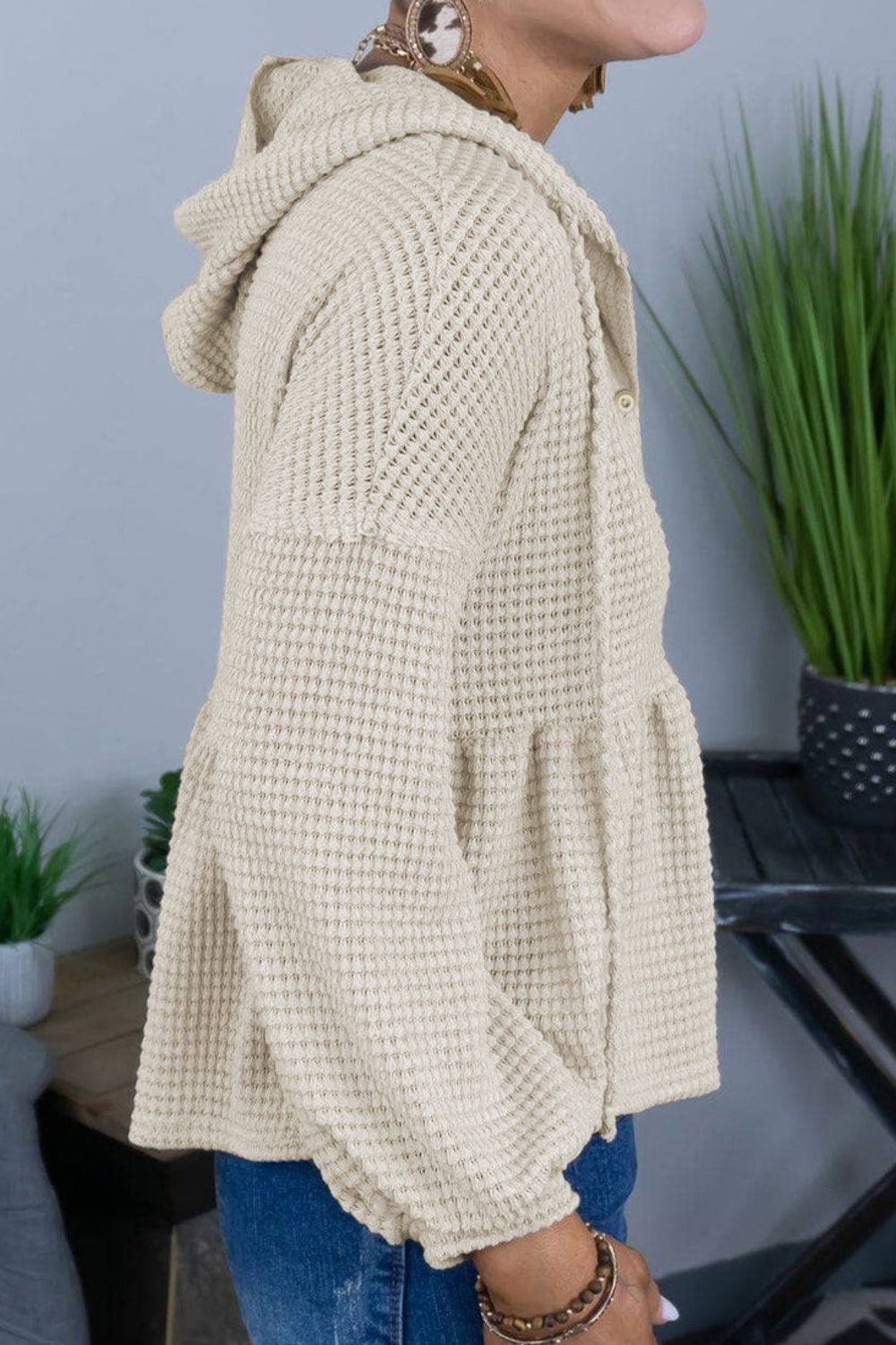 Full Size Buttoned Waffle-Knit Dropped Shoulder Hoodie - Women’s Clothing & Accessories - Shirts & Tops - 3 - 2024