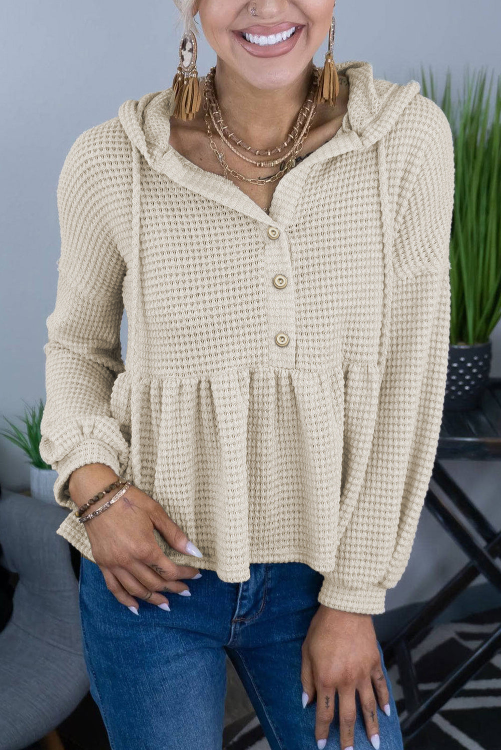Full Size Buttoned Waffle-Knit Dropped Shoulder Hoodie - Beige / S - Women’s Clothing & Accessories - Shirts & Tops