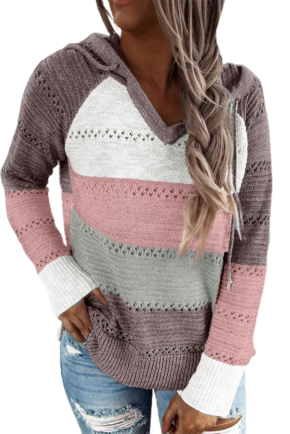 Full Size Color Block Knitted Hoodie - Women’s Clothing & Accessories - Shirts & Tops - 28 - 2024