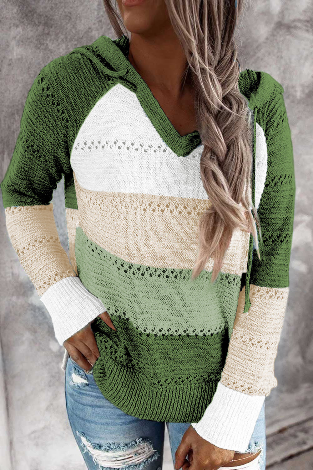 Full Size Color Block Knitted Hoodie - Green / S - Women’s Clothing & Accessories - Shirts & Tops - 35 - 2024