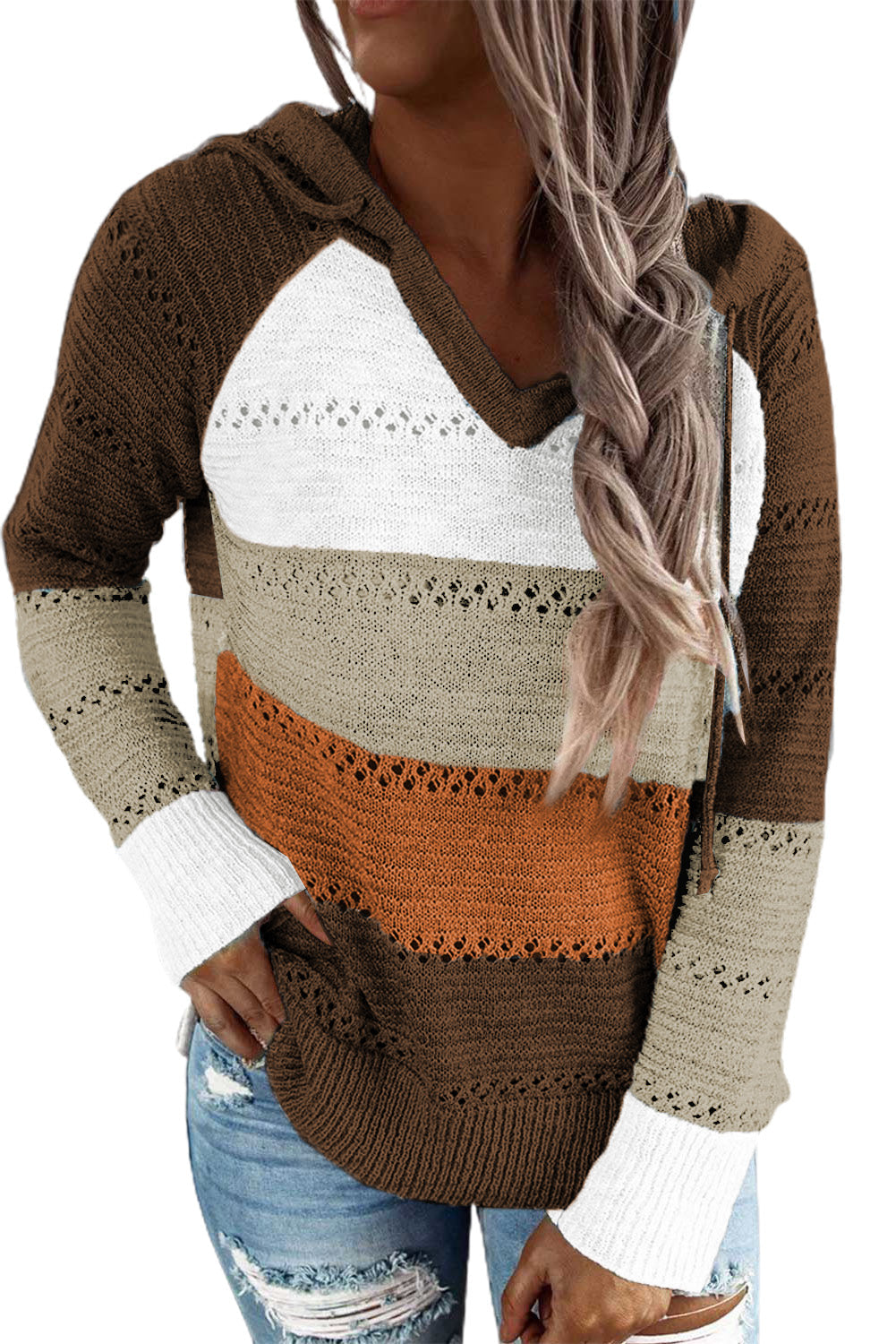 Full Size Color Block Knitted Hoodie - Women’s Clothing & Accessories - Shirts & Tops - 34 - 2024