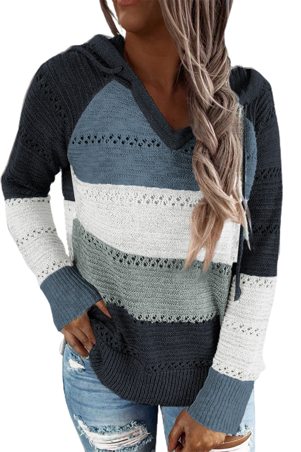 Full Size Color Block Knitted Hoodie - Women’s Clothing & Accessories - Shirts & Tops - 25 - 2024