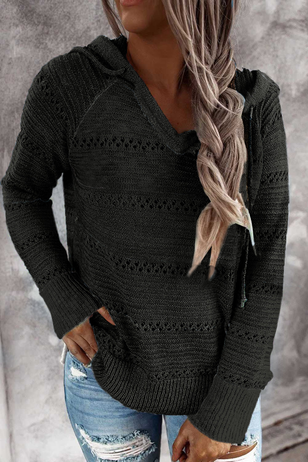Full Size Color Block Knitted Hoodie - Black / S - Women’s Clothing & Accessories - Shirts & Tops - 29 - 2024