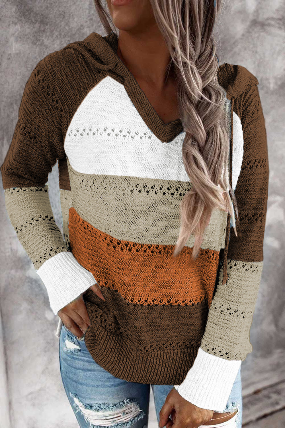 Full Size Color Block Knitted Hoodie - Light Brown / S - Women’s Clothing & Accessories - Shirts & Tops - 32 - 2024