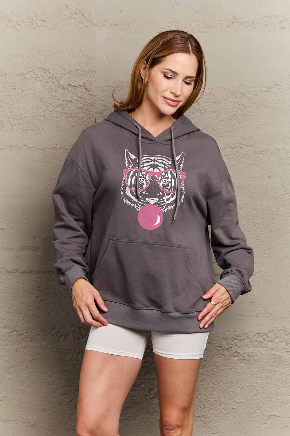 Full Size Dropped Shoulder Tiger Graphic Hoodie - Women’s Clothing & Accessories - Shirts & Tops - 3 - 2024