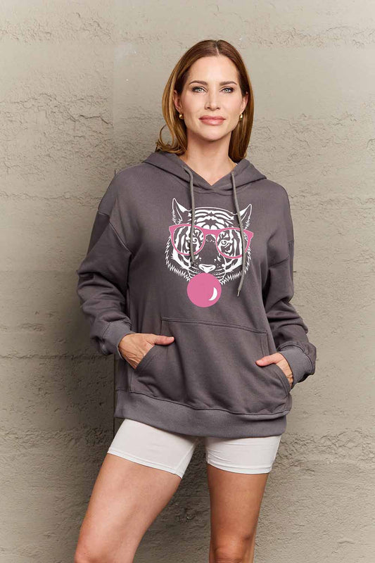 Full Size Dropped Shoulder Tiger Graphic Hoodie - Dark Gray / S - Women’s Clothing & Accessories - Shirts & Tops - 1
