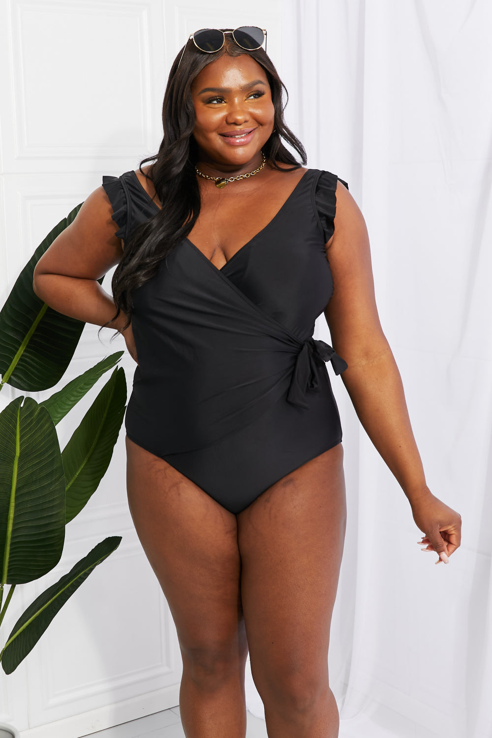 Full Size Float On Ruffle Faux Wrap One-Piece in Black - Women’s Clothing & Accessories - Swimwear - 7 - 2024