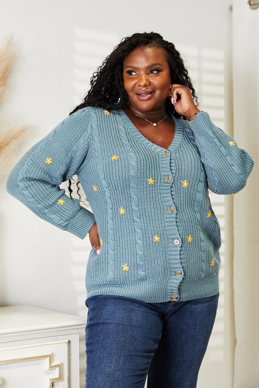 Full Size Floral Embroidered Cable Cardigan - Teal / S - Women’s Clothing & Accessories - Shirts & Tops - 1 - 2024