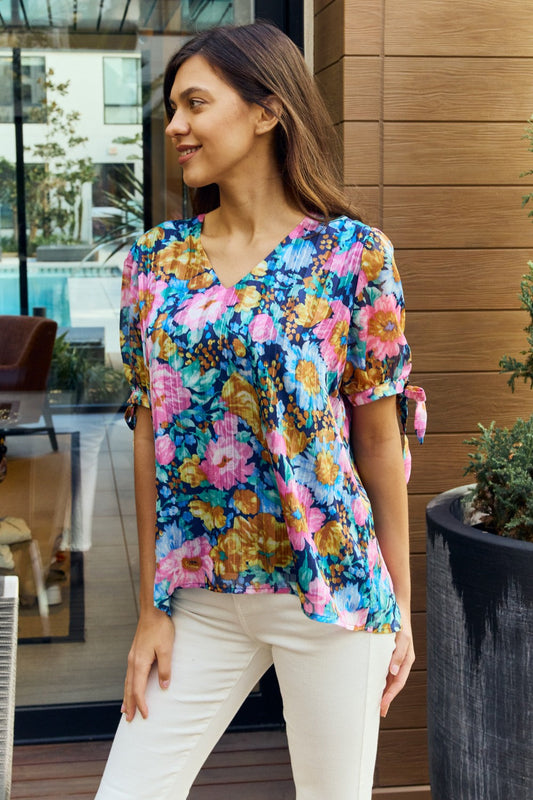 Full Size Floral V-Neck Tie Detail Blouse - Blue / S - Women’s Clothing & Accessories - Shirts & Tops - 1 - 2024