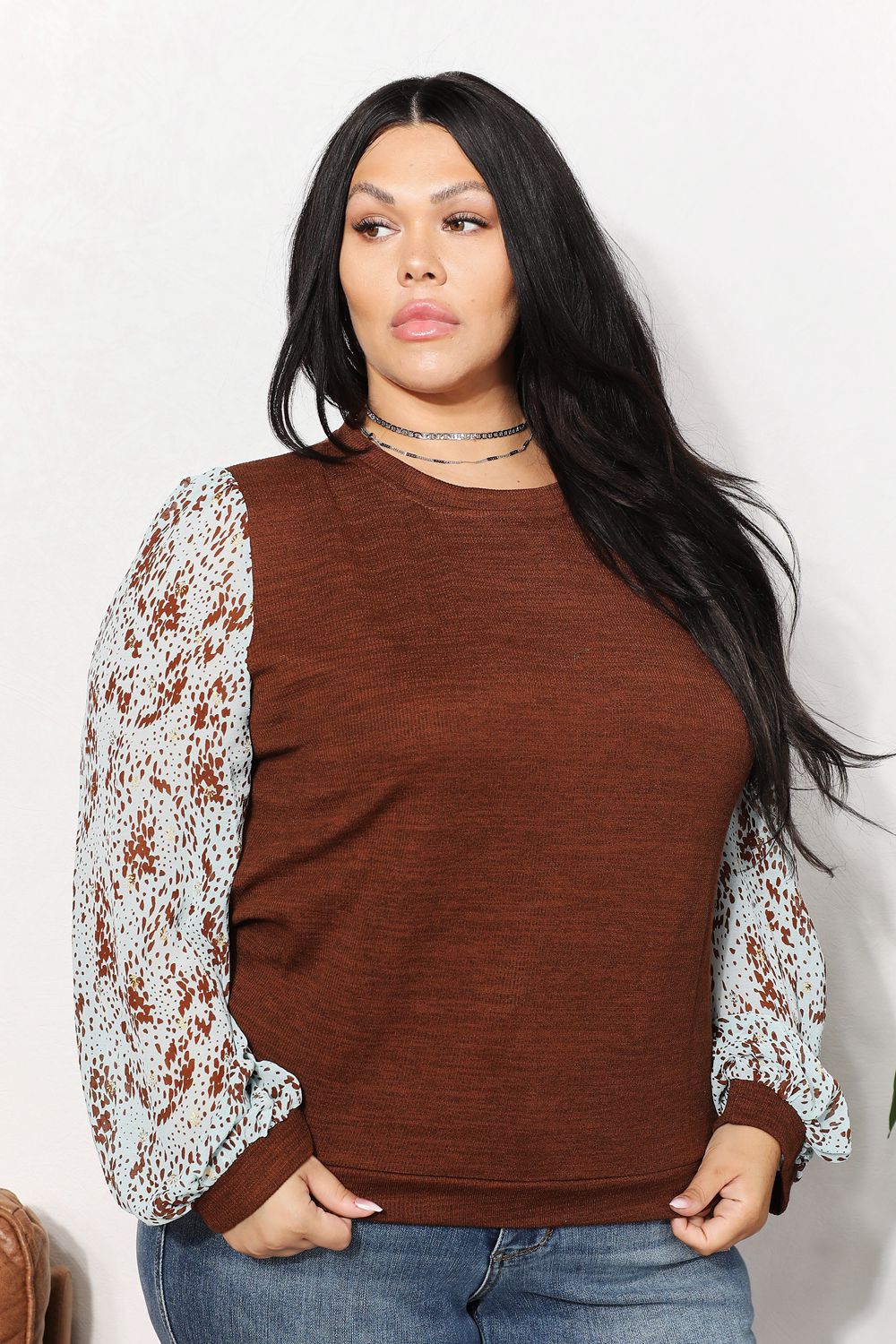 Full Size Foil Printed Sleeve Top - Brown / S - Women’s Clothing & Accessories - Shirts & Tops - 1 - 2024