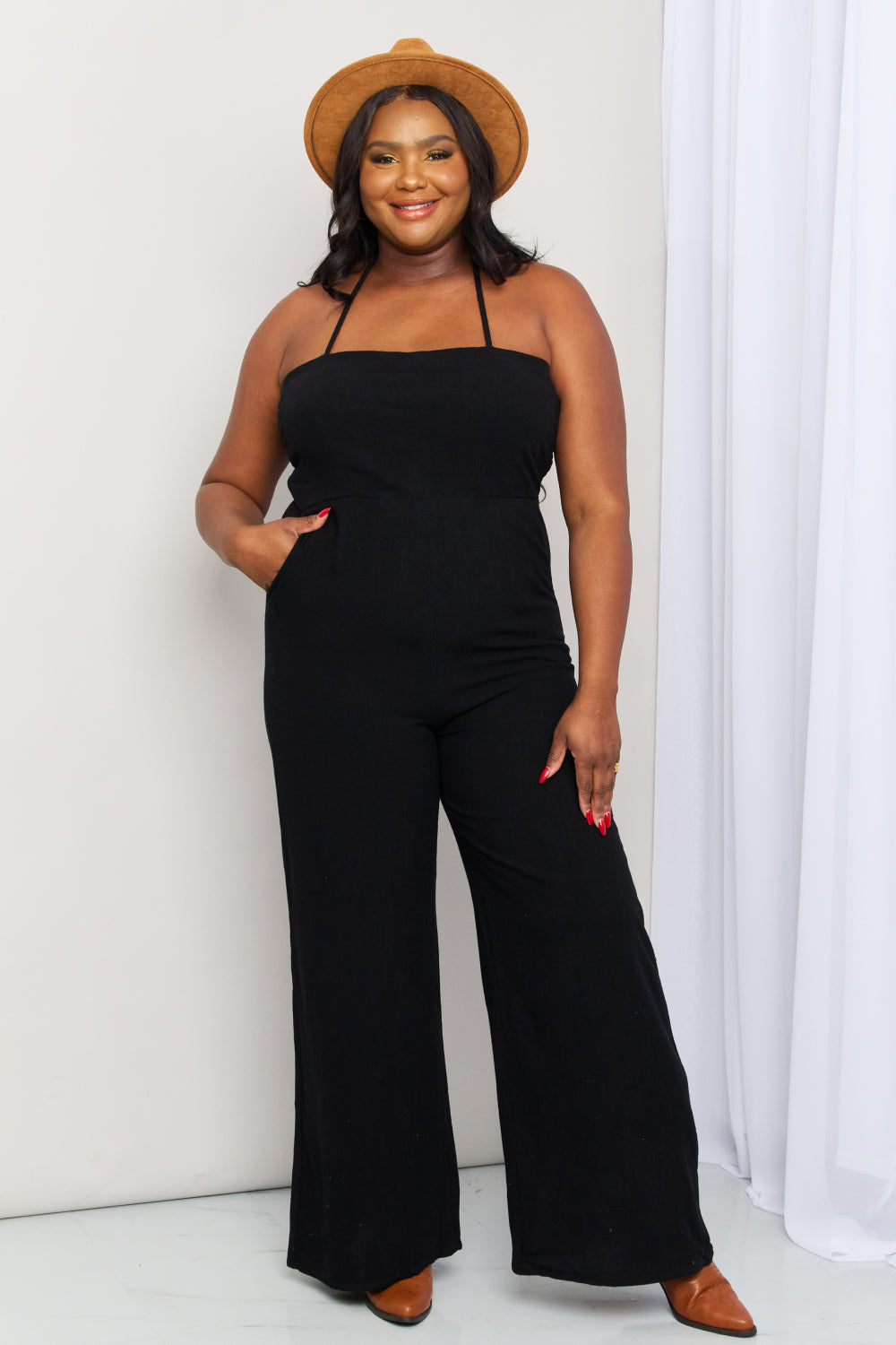 Full Size Halter Neck Wide Leg Jumpsuit with Pockets - Women’s Clothing & Accessories - Jumpsuits & Rompers - 5 - 2024