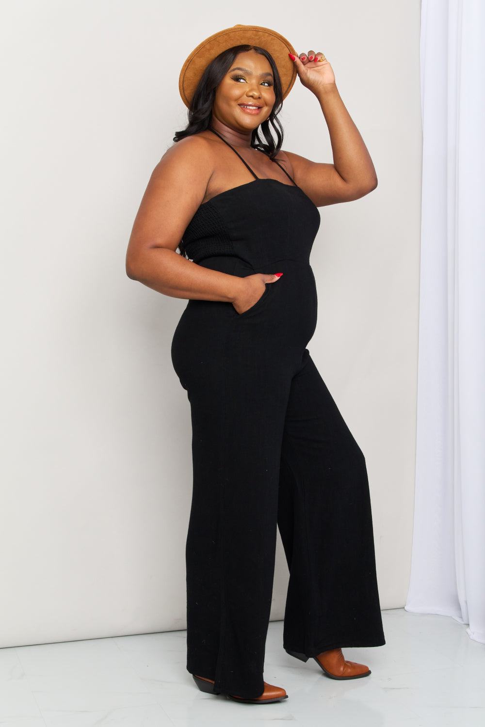 Full Size Halter Neck Wide Leg Jumpsuit with Pockets - Women’s Clothing & Accessories - Jumpsuits & Rompers - 6 - 2024