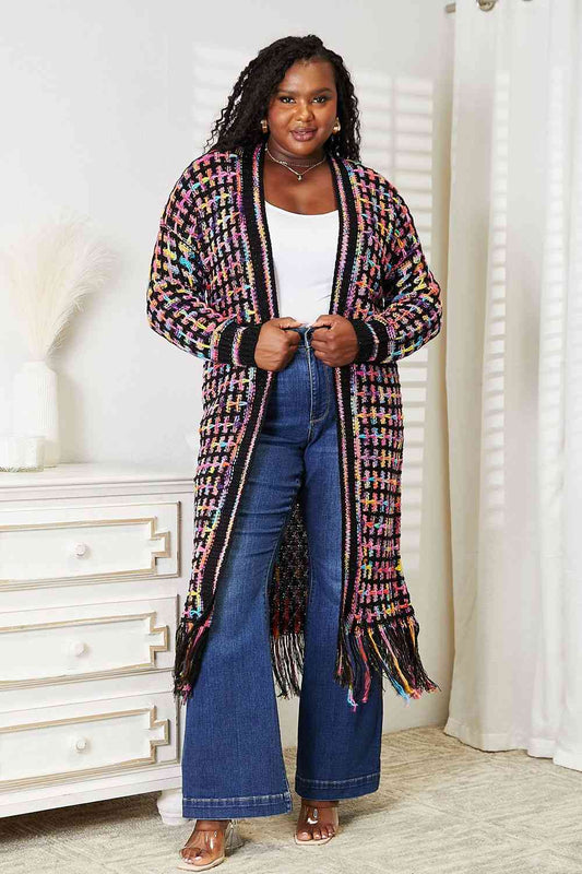 Full Size Multicolored Open Front Fringe Hem Cardigan - Multicolor / S - Women’s Clothing & Accessories - Shirts &