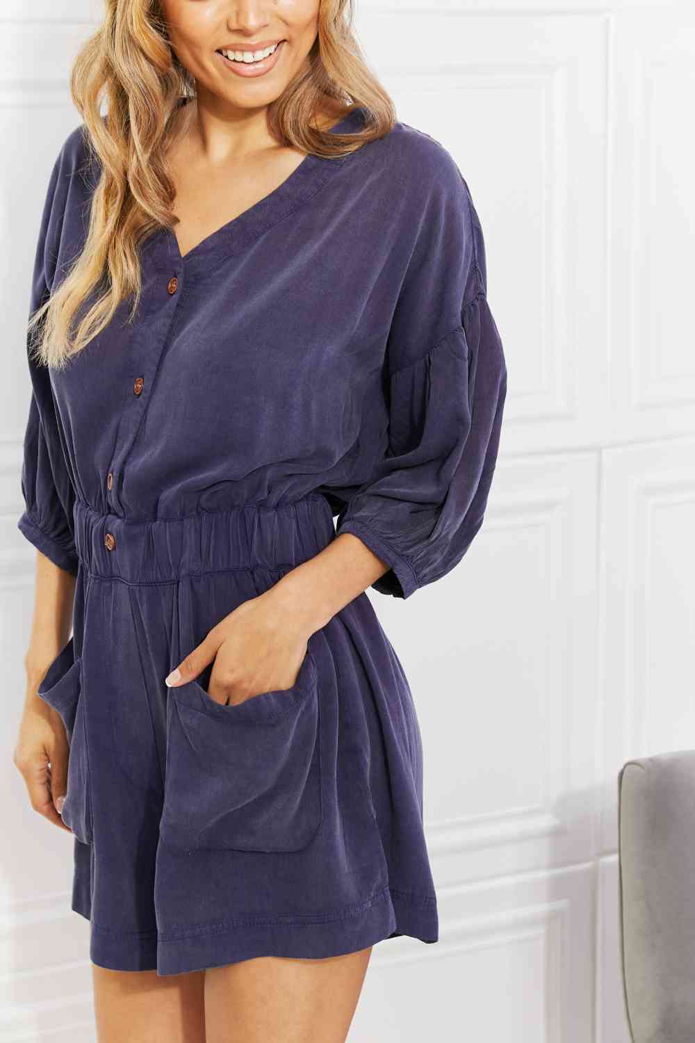 Full Size Play It Cool Three-Quarter Sleeve Romper in Blueberry - Women’s Clothing & Accessories - Jumpsuits &