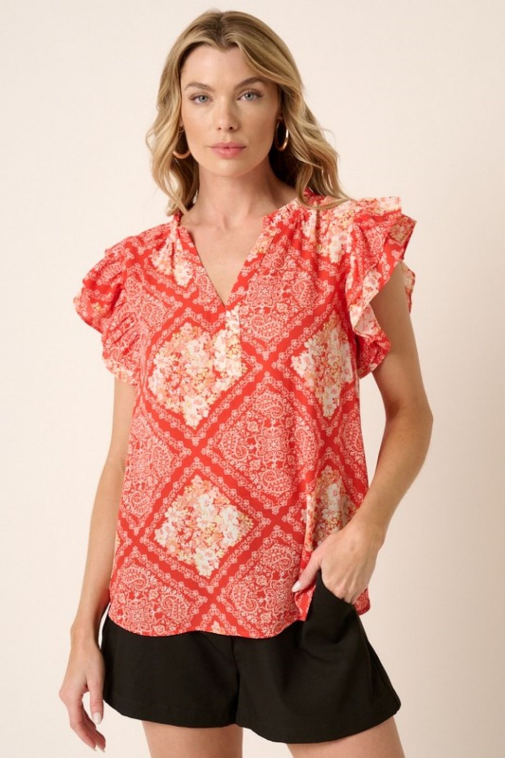 Full Size Printed Butterfly Sleeve Blouse - Red / S - Women’s Clothing & Accessories - Shirts & Tops - 1 - 2024