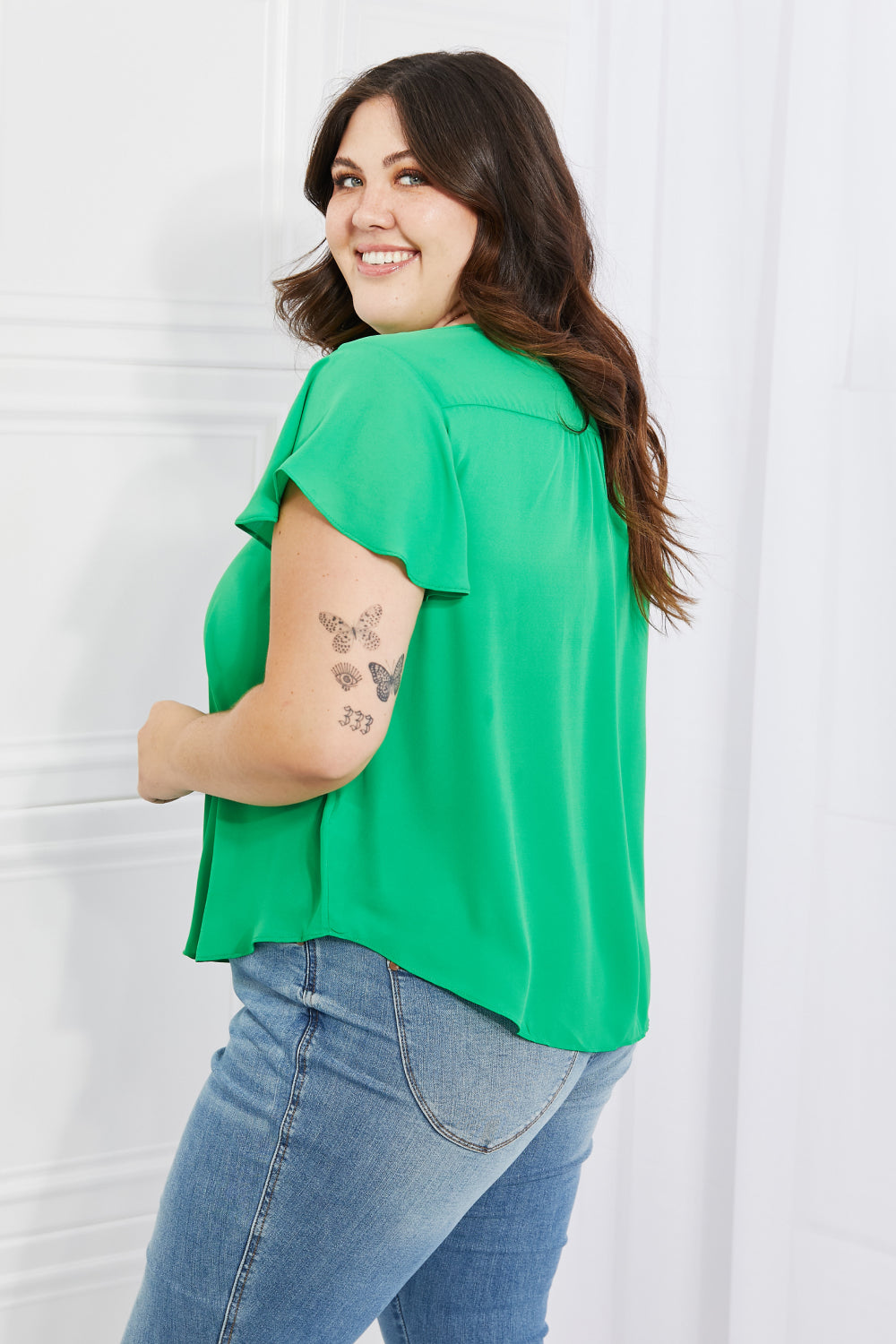 Full Size Short Ruffled Sleeve length Top in Green - Women’s Clothing & Accessories - Shirts & Tops - 3 - 2024