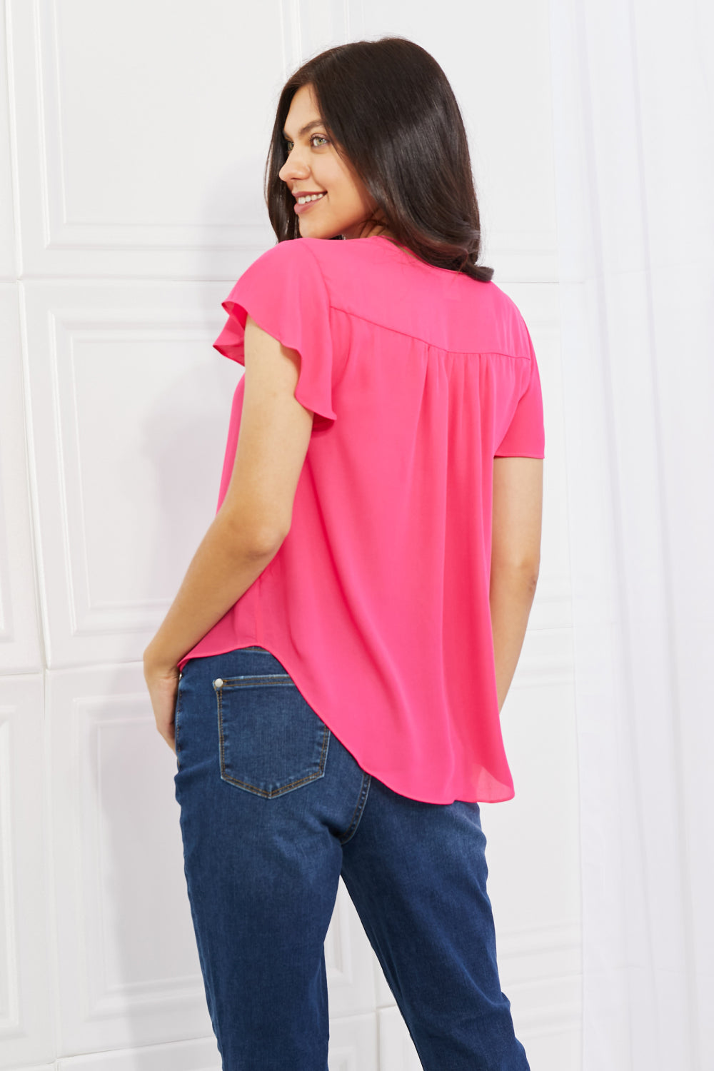 Just For You Full Size Short Ruffled Sleeve Length Top in Hot Pink - Women’s Clothing & Accessories - Shirts & Tops