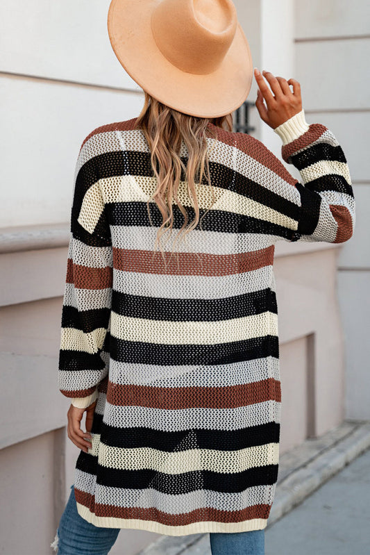 Full Size Striped Long Sleeve Openwork Cardigan - Women’s Clothing & Accessories - Shirts & Tops - 2 - 2024