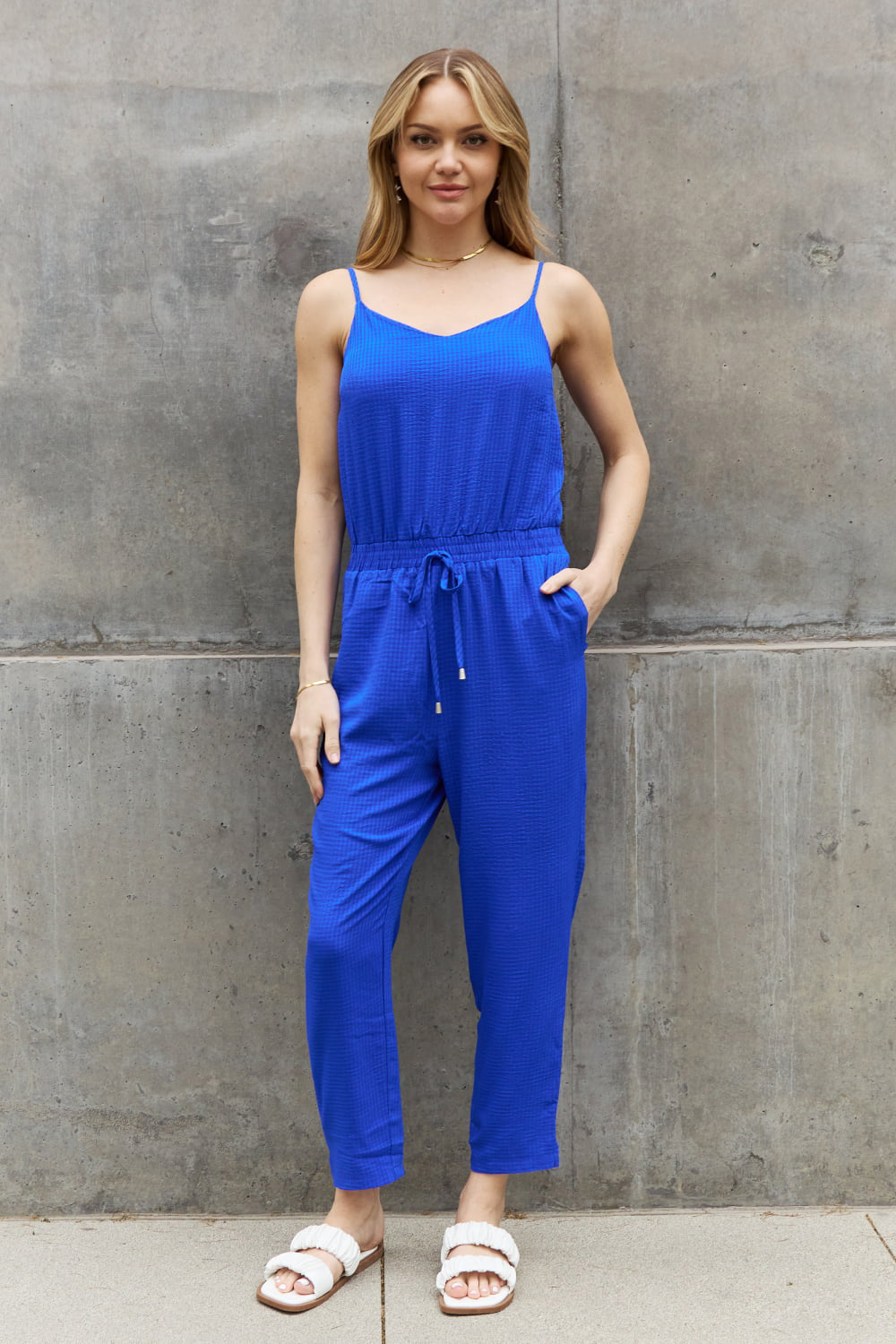 Full Size Textured Woven Jumpsuit in Royal Blue - Blue / S - Women’s Clothing & Accessories - Jumpsuits & Rompers - 1