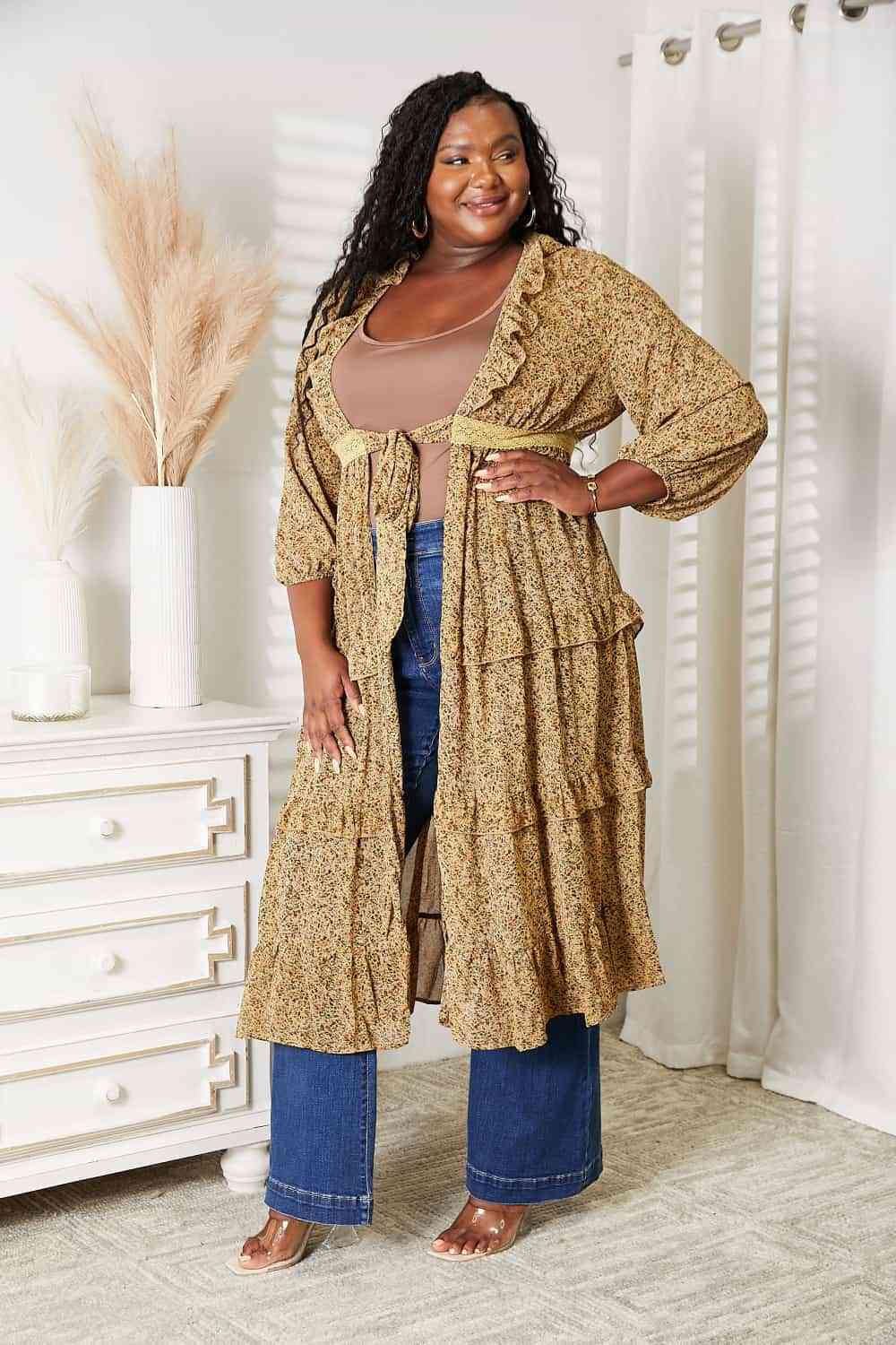 Full Size Tie Front Ruffled Duster Cardigan - Women’s Clothing & Accessories - Dresses - 11 - 2024