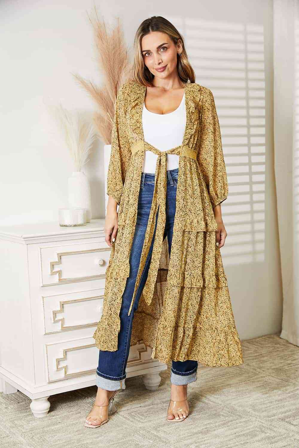 Full Size Tie Front Ruffled Duster Cardigan - Honey / S - Women’s Clothing & Accessories - Dresses - 1 - 2024