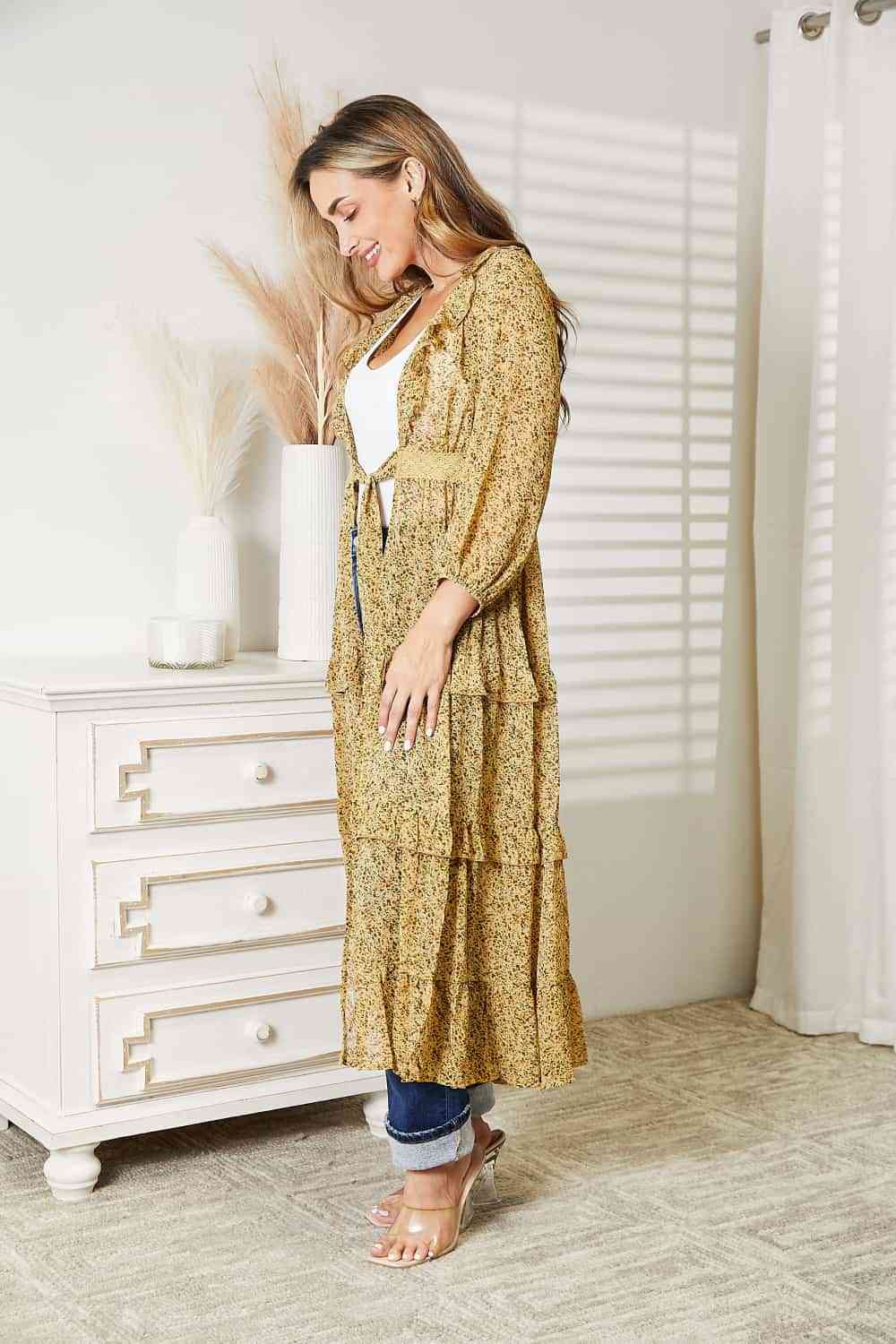 Full Size Tie Front Ruffled Duster Cardigan - Women’s Clothing & Accessories - Dresses - 6 - 2024