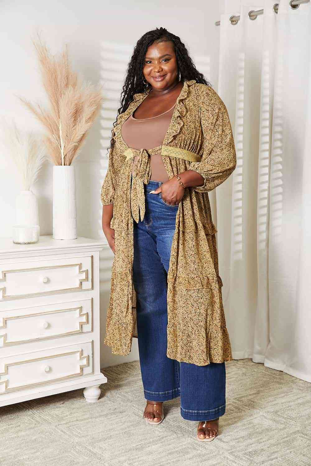 Full Size Tie Front Ruffled Duster Cardigan - Women’s Clothing & Accessories - Dresses - 9 - 2024