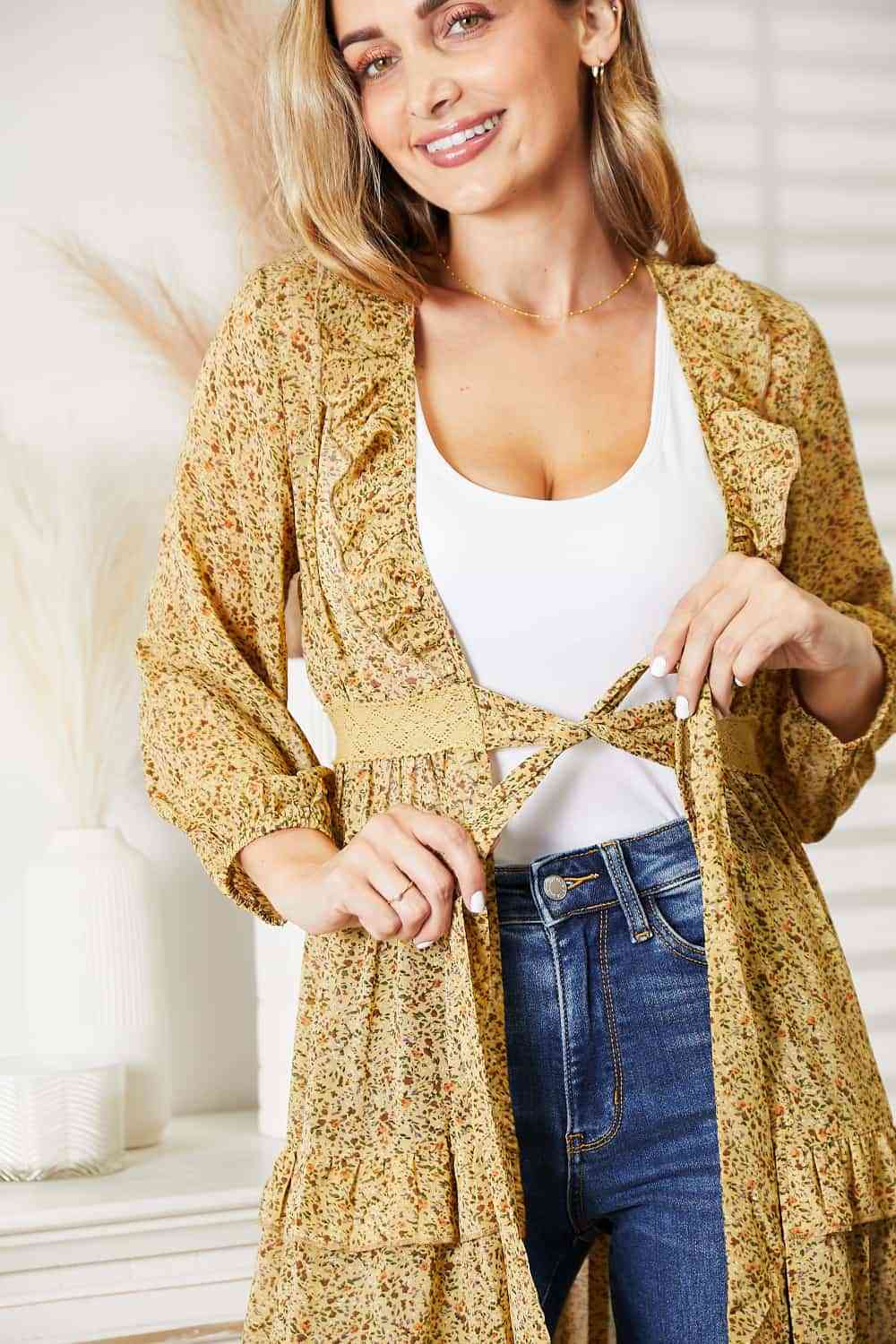 Full Size Tie Front Ruffled Duster Cardigan - Women’s Clothing & Accessories - Dresses - 7 - 2024