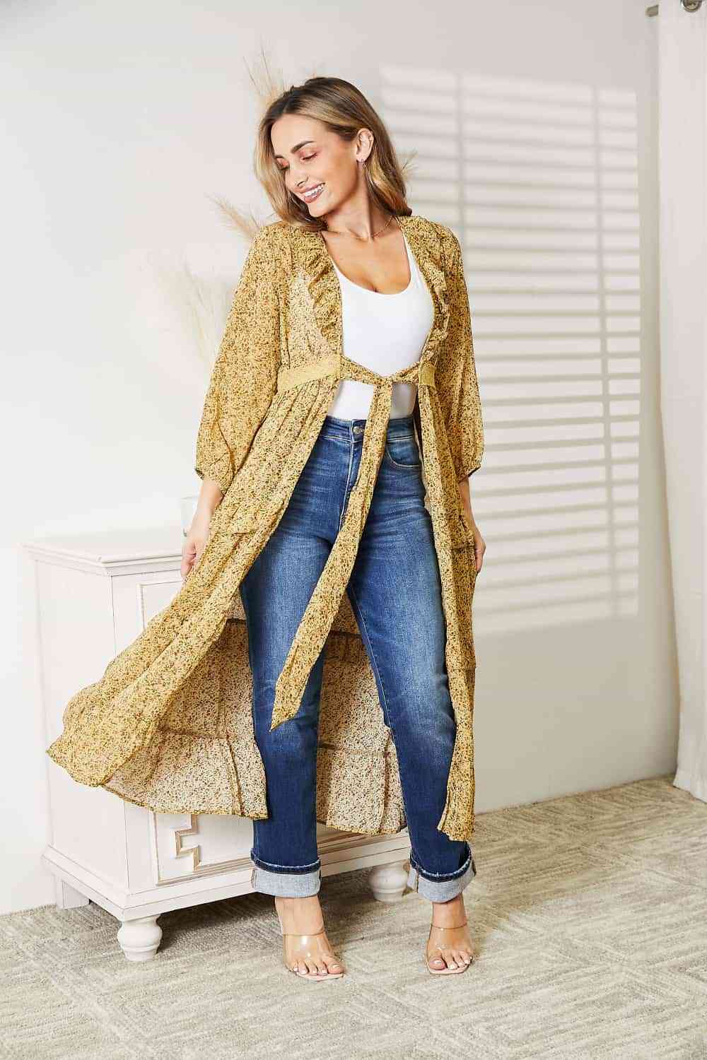 Full Size Tie Front Ruffled Duster Cardigan - Women’s Clothing & Accessories - Dresses - 4 - 2024