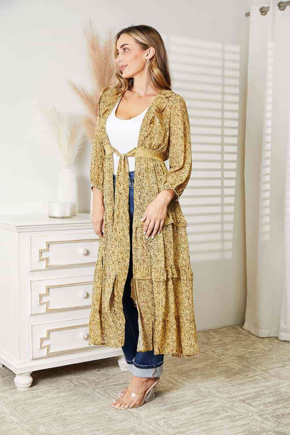 Full Size Tie Front Ruffled Duster Cardigan - Women’s Clothing & Accessories - Dresses - 5 - 2024