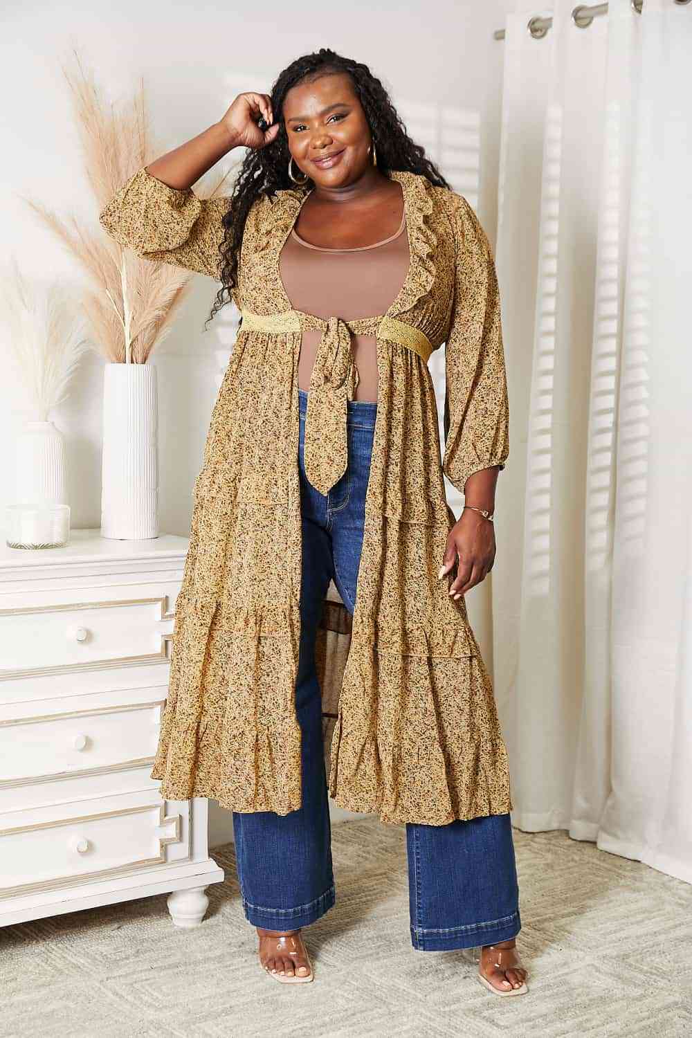 Full Size Tie Front Ruffled Duster Cardigan - Women’s Clothing & Accessories - Dresses - 10 - 2024
