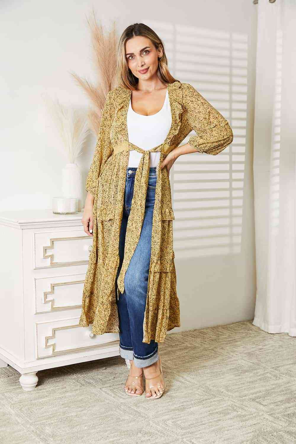 Full Size Tie Front Ruffled Duster Cardigan - Women’s Clothing & Accessories - Dresses - 3 - 2024