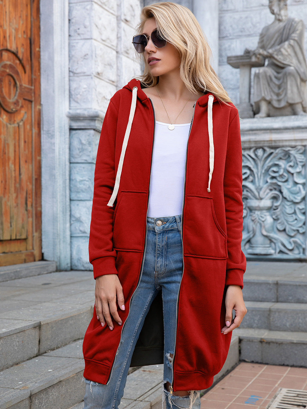 Full Size Zip-Up Longline Hoodie with Pockets - Red / S - Women’s Clothing & Accessories - Shirts & Tops - 43 - 2024