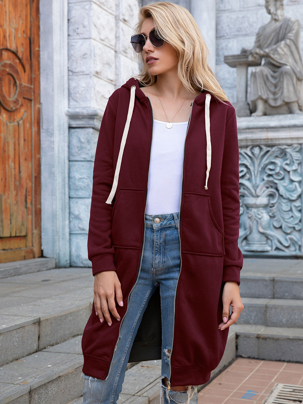 Full Size Zip-Up Longline Hoodie with Pockets - Dark Red / S - Women’s Clothing & Accessories - Shirts & Tops - 45