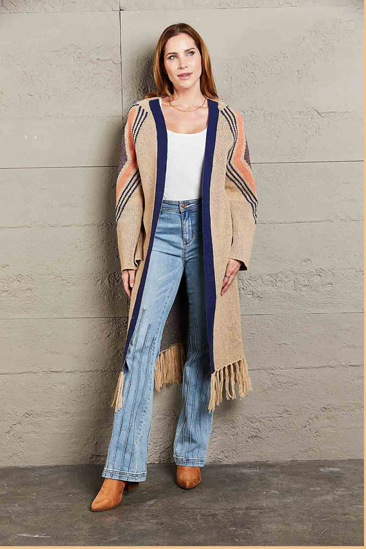 Geometric Fringe Hem Open Front Duster Cardigan - Brown / S - Women’s Clothing & Accessories - Shirts & Tops - 1 - 2024