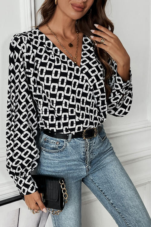 Geometric V-Neck Long Sleeve Blouse - Women’s Clothing & Accessories - Shirts & Tops - 3 - 2024