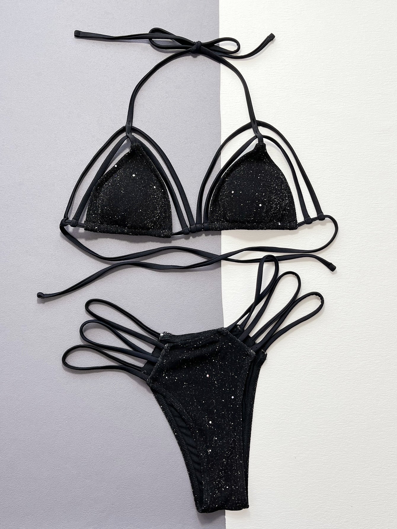 Glitter Halter Neck Strappy Two-Piece Bikini Set - Women’s Clothing & Accessories - Swimwear - 3 - 2024