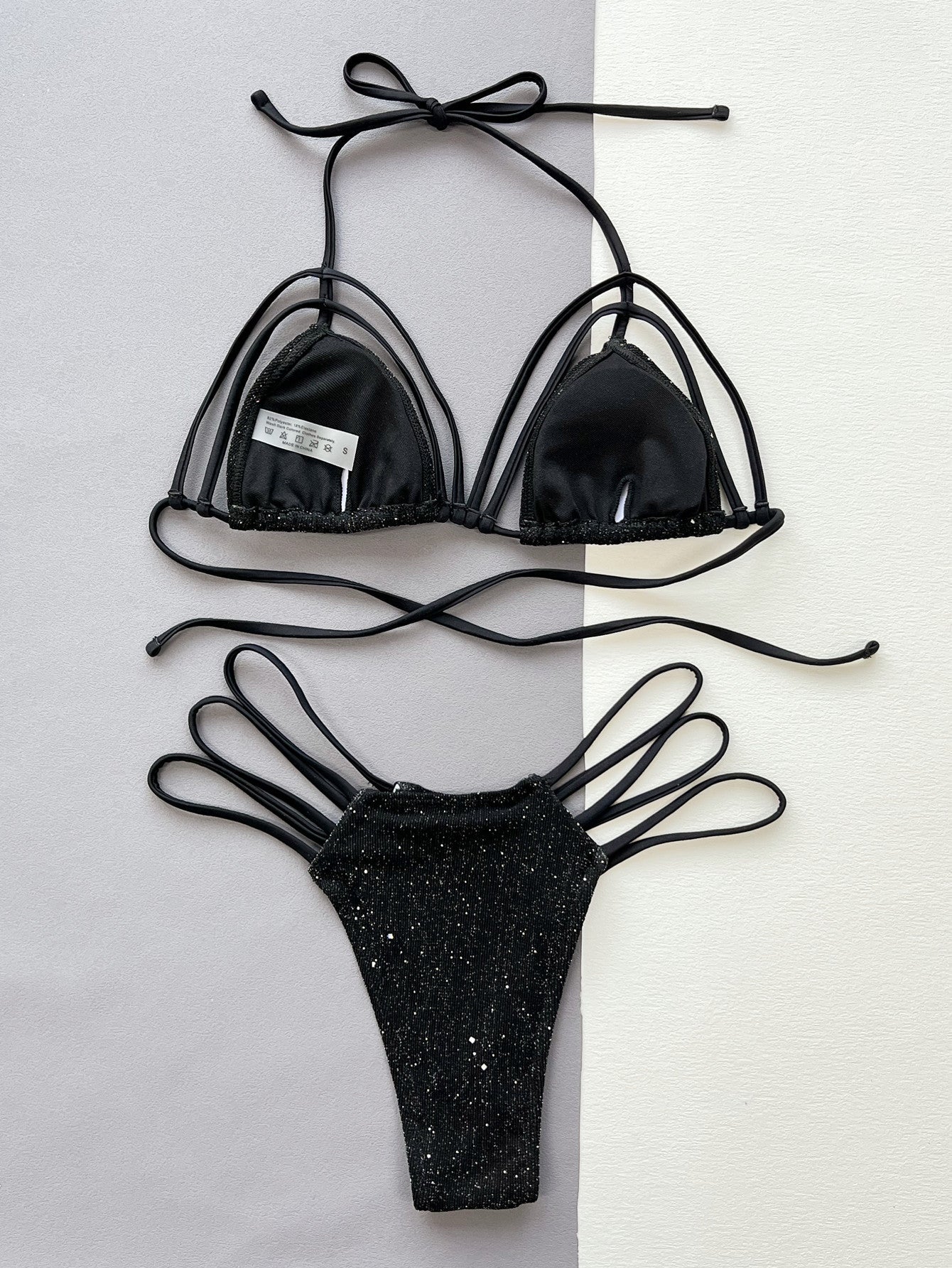 Glitter Halter Neck Strappy Two-Piece Bikini Set - Women’s Clothing & Accessories - Swimwear - 4 - 2024