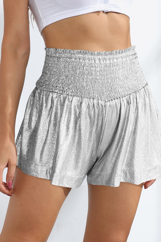 Glitter Smocked High-Waist Shorts - Silver / S - Women’s Clothing & Accessories - Shorts - 1 - 2024