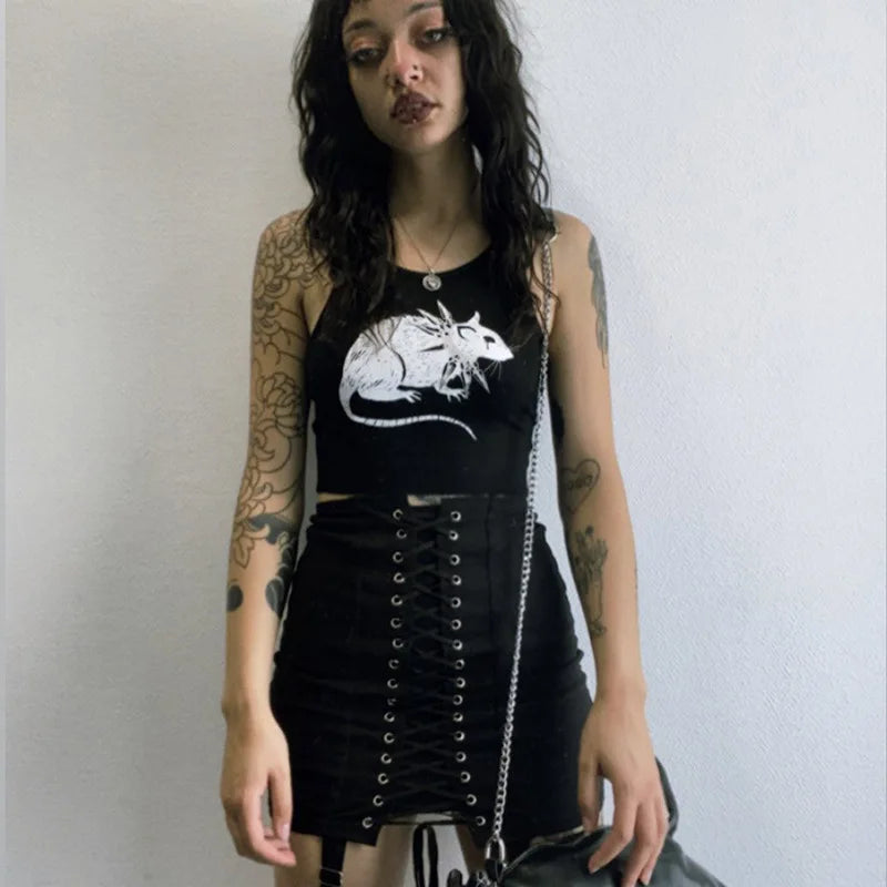 Goth Mouse Print Tank - Sexy Bodycon Cropped Top - Women’s Clothing & Accessories - Shirts & Tops - 6 - 2024