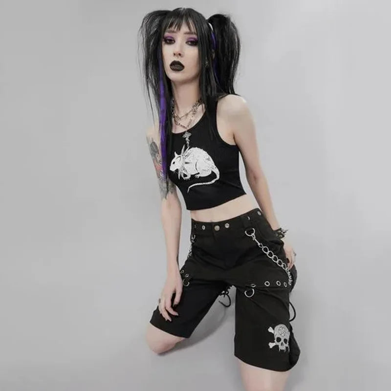Goth Mouse Print Tank - Sexy Bodycon Cropped Top - Women’s Clothing & Accessories - Shirts & Tops - 7 - 2024