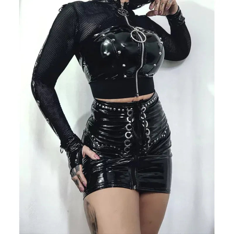 Gothic Grunge Fishnet Zip-Up Hooded Crop Jacket - Women’s Clothing & Accessories - Coats & Jackets - 2 - 2024